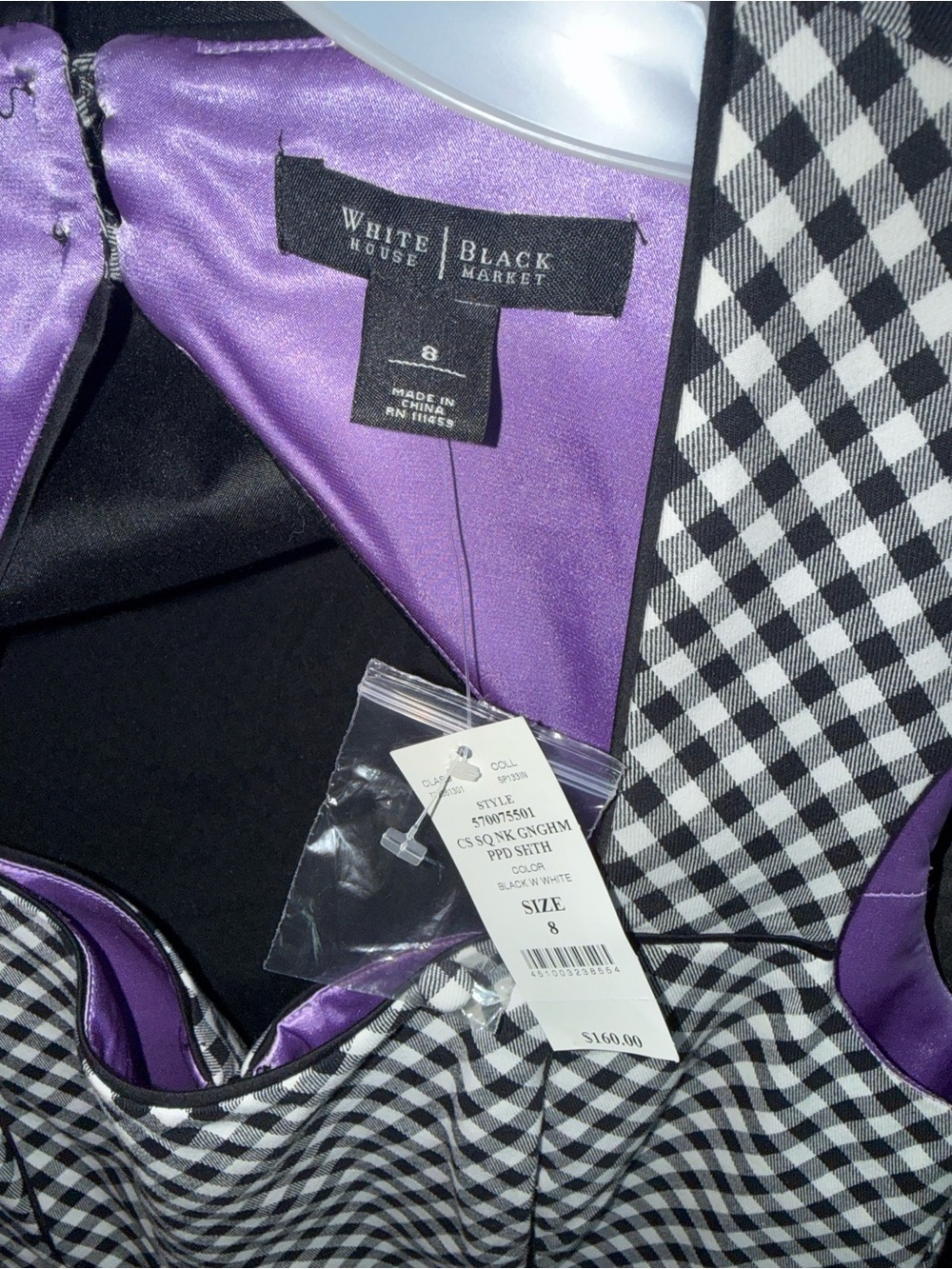White House Black Market Black and White Gingham Dress with Purple Lining